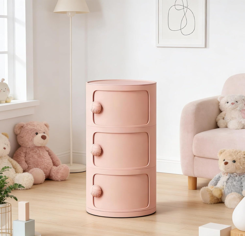 3 Tier Round Nightstand with Drawers, Plastic Pink Nightstand Modern Round Be...