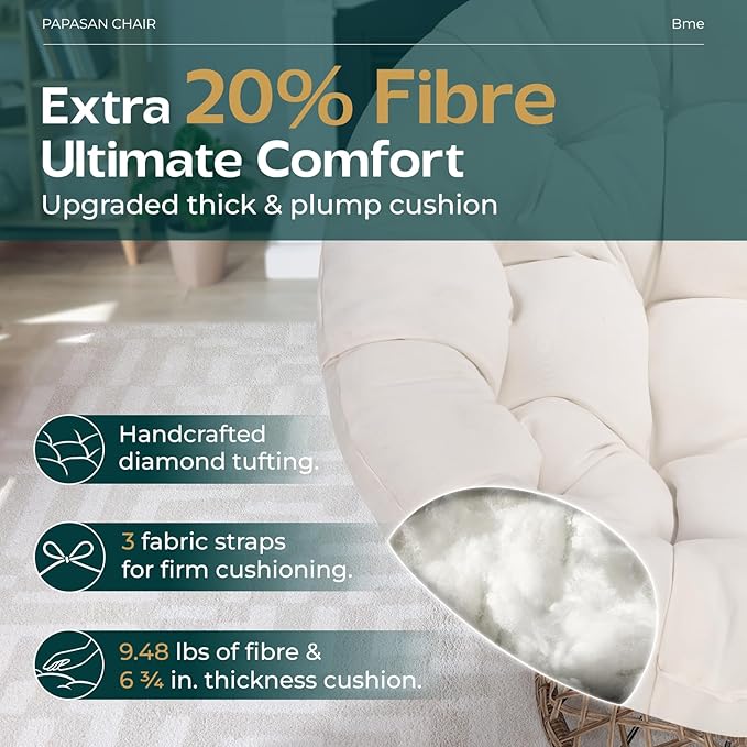 Bme 40" Ergonomic Wicker Papasan Chair with Soft Thick Density Fabric Cushion, High Capacity Steel Frame, 360 Degree Swivel for Living, Bedroom, Reading Room, Lounge