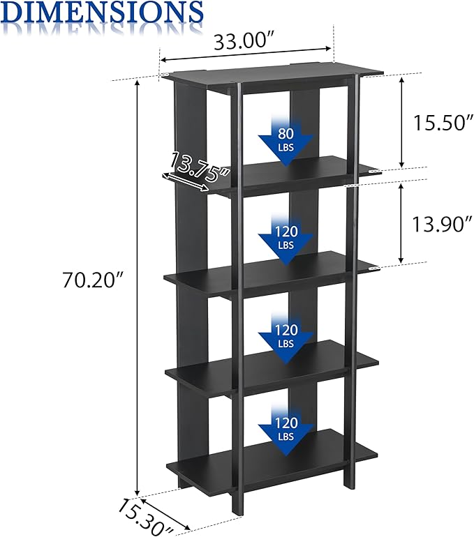 Merax 4 Shelf Narrow Bookcase H-70 L-33 Acacia Wood Open Bookshelf, Contemporary Farmhouse Style Display Storage Shelf for Home Office Studio, Ebonized Finish