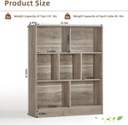 LEYAOYAO 7 Cube Bookshelf with Base,3 Tier Mid-Century Modern Grey Bookcase,Standing Wide Bookshelves Storage Organizer Shelf,Rustic Wood Display Cabinet Book Shelves for Bedroom,Living Room,Office