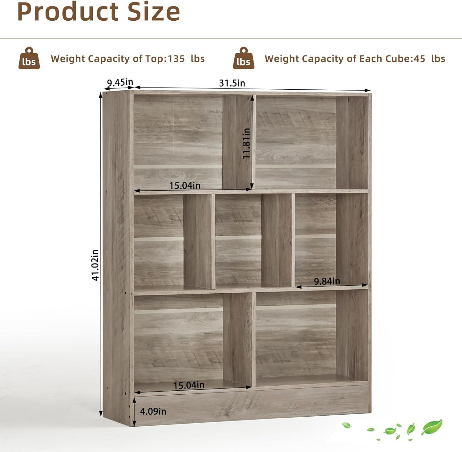 LEYAOYAO 7 Cube Bookshelf with Base,3 Tier Mid-Century Modern Grey Bookcase,Standing Wide Bookshelves Storage Organizer Shelf,Rustic Wood Display Cabinet Book Shelves for Bedroom,Living Room,Office