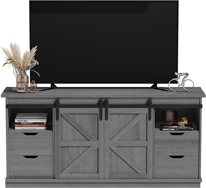 JUMMICO TV Stand with 4 Drawers for 65 Inch TV, Farmhouse Entertainment Center with Storage and Sliding Barn Doors, Rustic Media TV Console Cabinet with Shelves for Living Room Bedroom (Pale Gray)