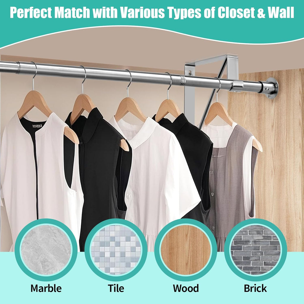 Closet Rod, 16 to 51 Inch Closet Rods Heavy Duty Adjustable Wardrobe Poles for Hanging Clothes and Heavy Duty Bracket Closet Pole Support (The Shelf NOT Included)(Silver)