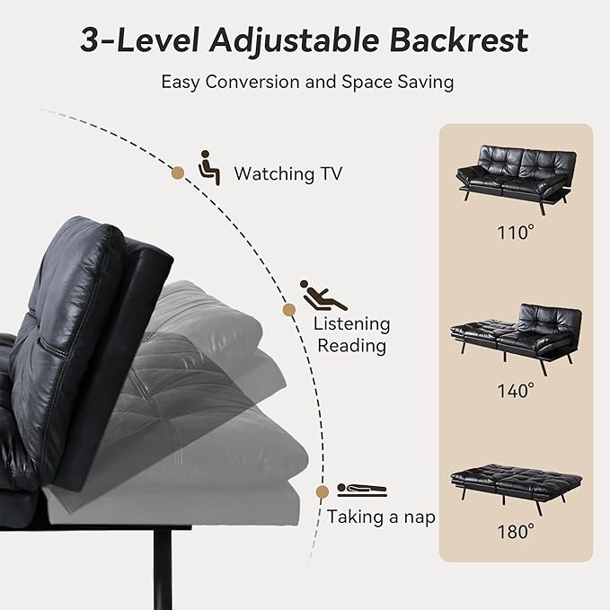 71" Convertible Futon Sofa Bed,Bright Black Faux Leather Futon Couch,Memory Foam Reclining Sleeper Sofa Bed,Modern Folding Small Loveseat Couches for Living Room,Office,Apartment