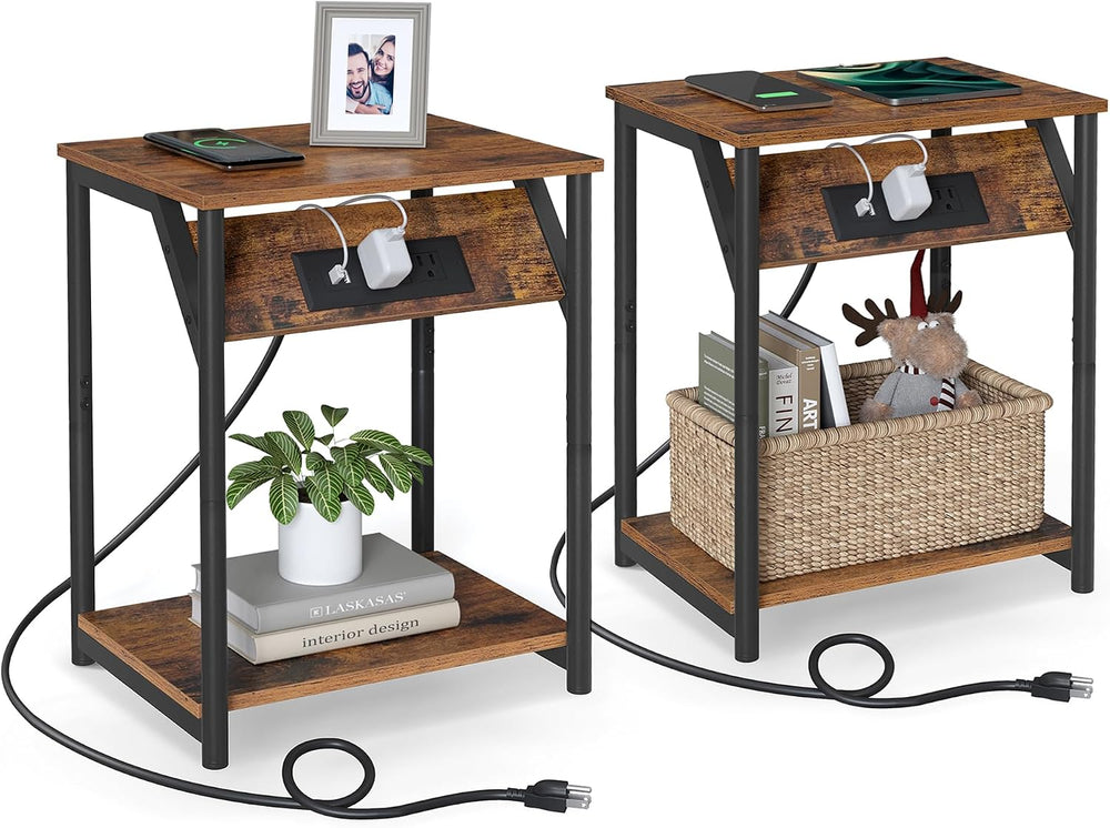 VASAGLE End Table with Charging Station, Set of 2, Small Side Tables