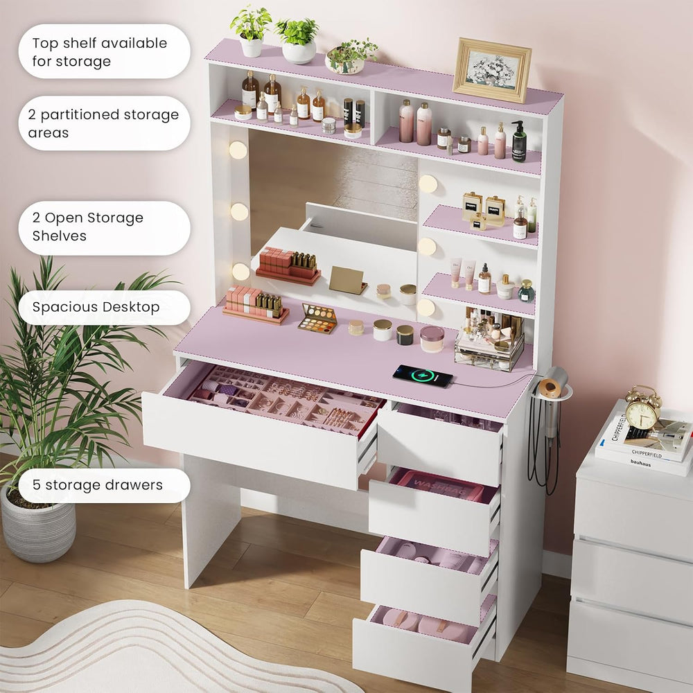 Vanity Desk with Mirror, LED Lights and Power Outlet, Makeup Vanity Table wit...