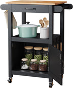 VINGLI Rolling Kitchen Cart with Microwave Stand, Storage Cabinet & Drawer, Small Coffee Cart with Side Hooks & Towel Rods, Compact Kitchen Island on Swivel Wheels, Black