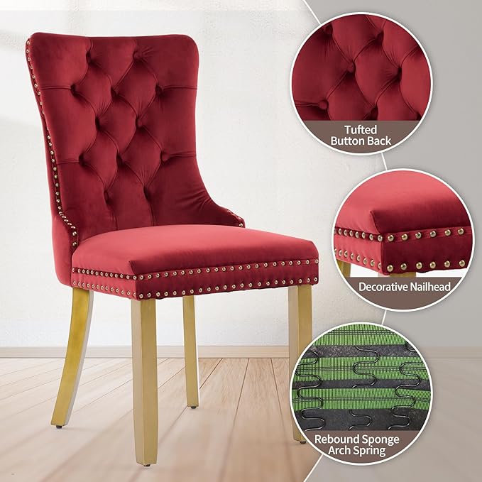 Velvet Dining Chairs Set of 4, Upholstered Dining Room Chairs with Lion Head Pulls Ring and Golden Solid Wood Legs, Modern Button Tufted Kitchen Chairs for Dining Room, Kitchen(Wine Red)