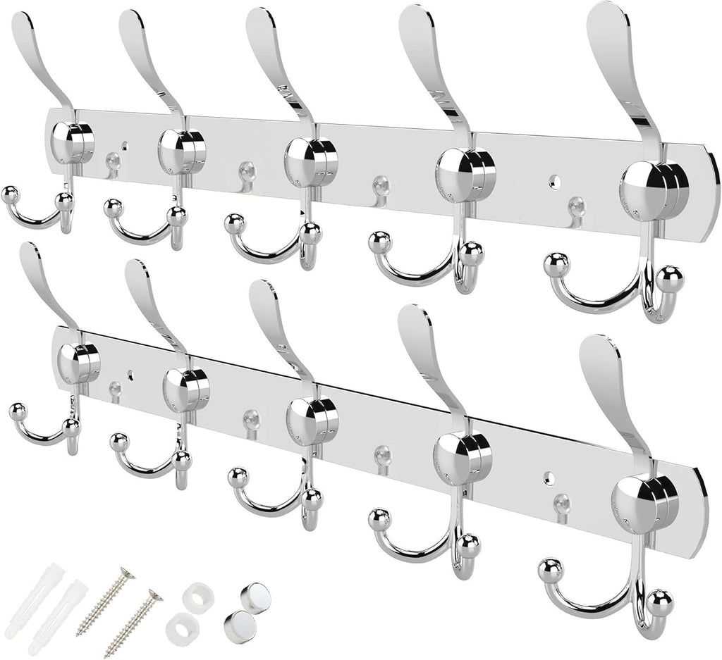 GlazieVault Coat Rack Wall Mount - Stainless Steel Coat Hooks (2 Pack) - Heavy Duty Wall Hooks for Clothes & Accessories (Silver Tri)