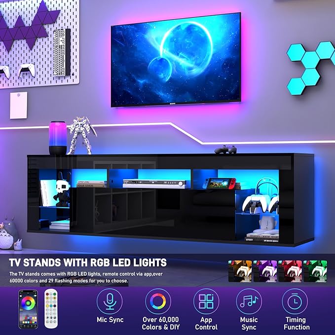 63" Floating High Gloss LED TV Stand for 75" TVs, Wall-Mounted Ente...