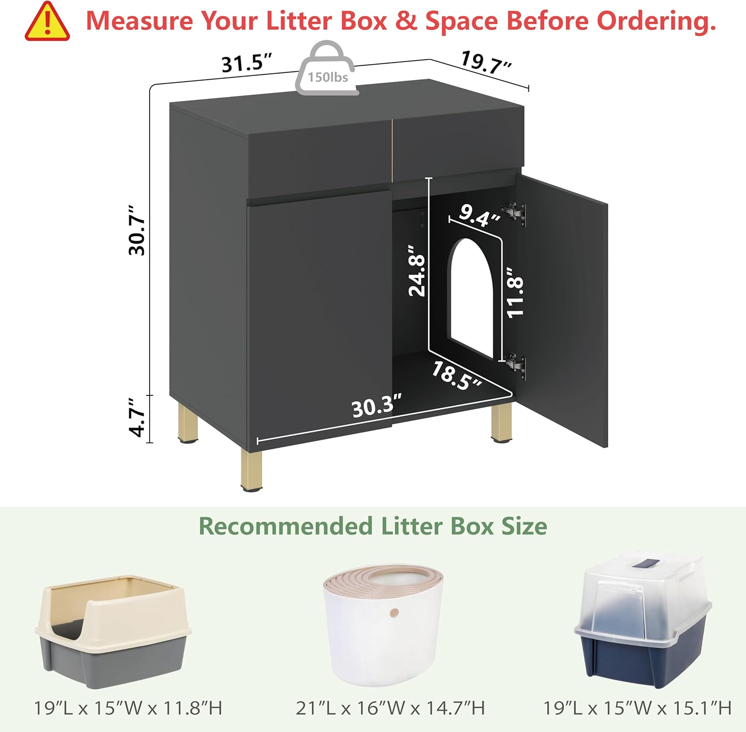Large/Tall Litter Box Enclosure, Modern Wooden Litter Box Furniture for XL Litterbox with Drawer as Sideboard Cabinet (Black)