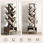49" Rotating Tree Bookshelf, 7 Tier Double Sided Shelf, Wood Corner Bookshelf with Wheels, 360 Display Spinning Bookcase Storage Rack, Ideal for Small Rooms, Easy Assembly, Rustic Brown