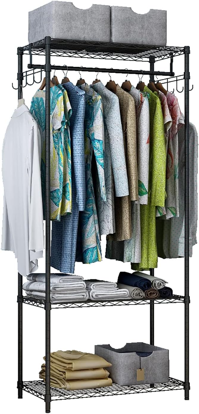 Xiofio 3 Tiers Heavy Duty Clothing Rack, Metal Garment Rack Coat Rack, Clothes Rack with 2 Side Hooks,Hanging Adjustable Garment Rack for Bedroom Living Room Laundry Room Balcony Garden,Black
