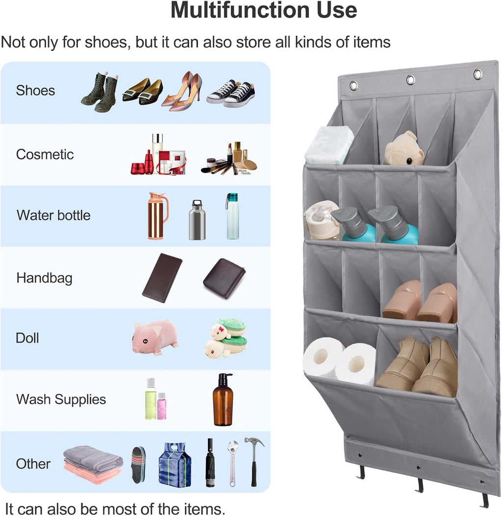 FENTEC 2 Pack Over the Door Shoe Organizer, Hanging Shoe Organizer Rack,24 Large Pockets and 4 Larger Storage Various Compartments with 6 Hooks, Home Accessories, Grey