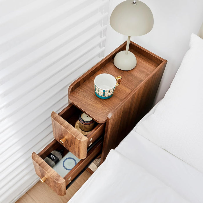 Narrow End Table Bedroom, Wooden Small 2 Drawer Nightstand, Thin Couch Side End Table, Skinny Bedside Table Small Spaces, Mid Century Modern Night Stand with Drawers (Walnut-1 pc)