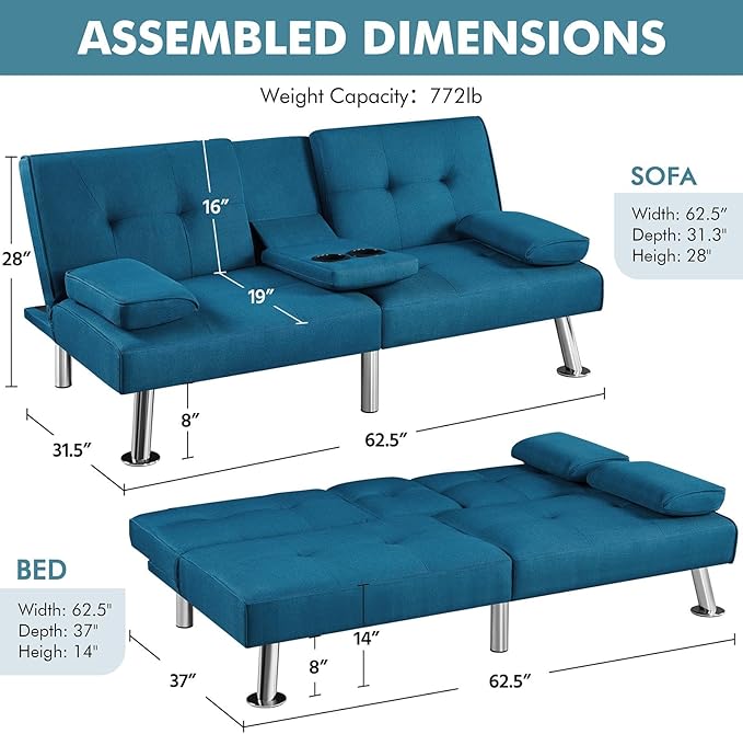 Yaheetech Convertible Sofa Bed Adjustable Fabric Couch Sleeper Modern Recliner Reversible Loveseat Folding Daybed Guest Bed, Removable Armrests, Cup Holders, 3 Angles, 772lb Capacity, Aqua Blue