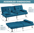 Yaheetech Convertible Sofa Bed Adjustable Fabric Couch Sleeper Modern Recliner Reversible Loveseat Folding Daybed Guest Bed, Removable Armrests, Cup Holders, 3 Angles, 772lb Capacity, Aqua Blue