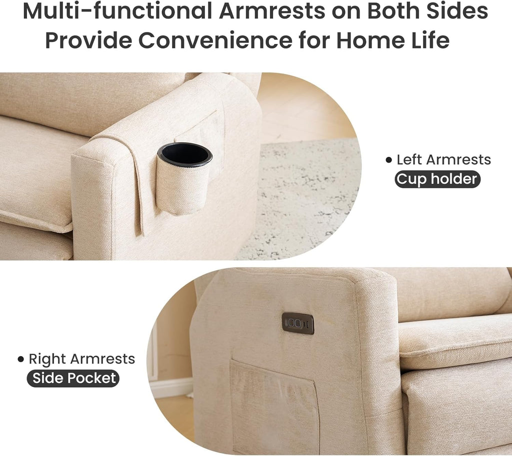 Oversized Swivel Rocker Recliner with Lumbar Cushion, Power Recliner Nursery Chair with Adjustable Headrest, Nursery Glider Recliner for Living Room, Beige