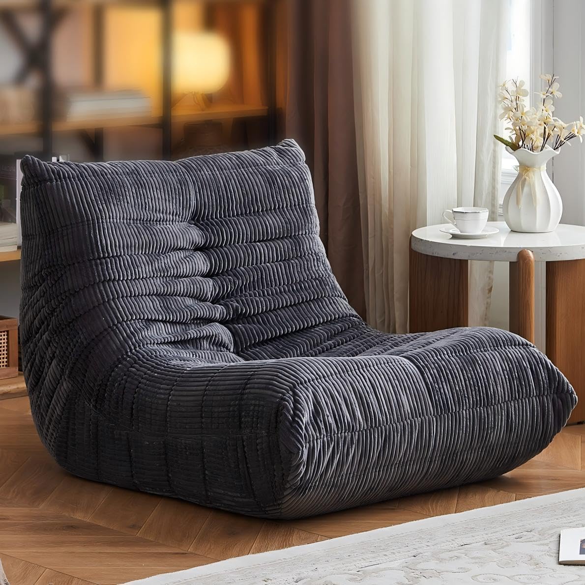 ZCUBED Large Bean Bag Chairs for Adults, Memory Foam Lounge Chair, Soft Corduroy Big Bean Bag Chair Lazy Sofa, Comfy Floor Beanbag Chair Single Sofa for Bedroom Living Room Fireside Book Nook, Grey