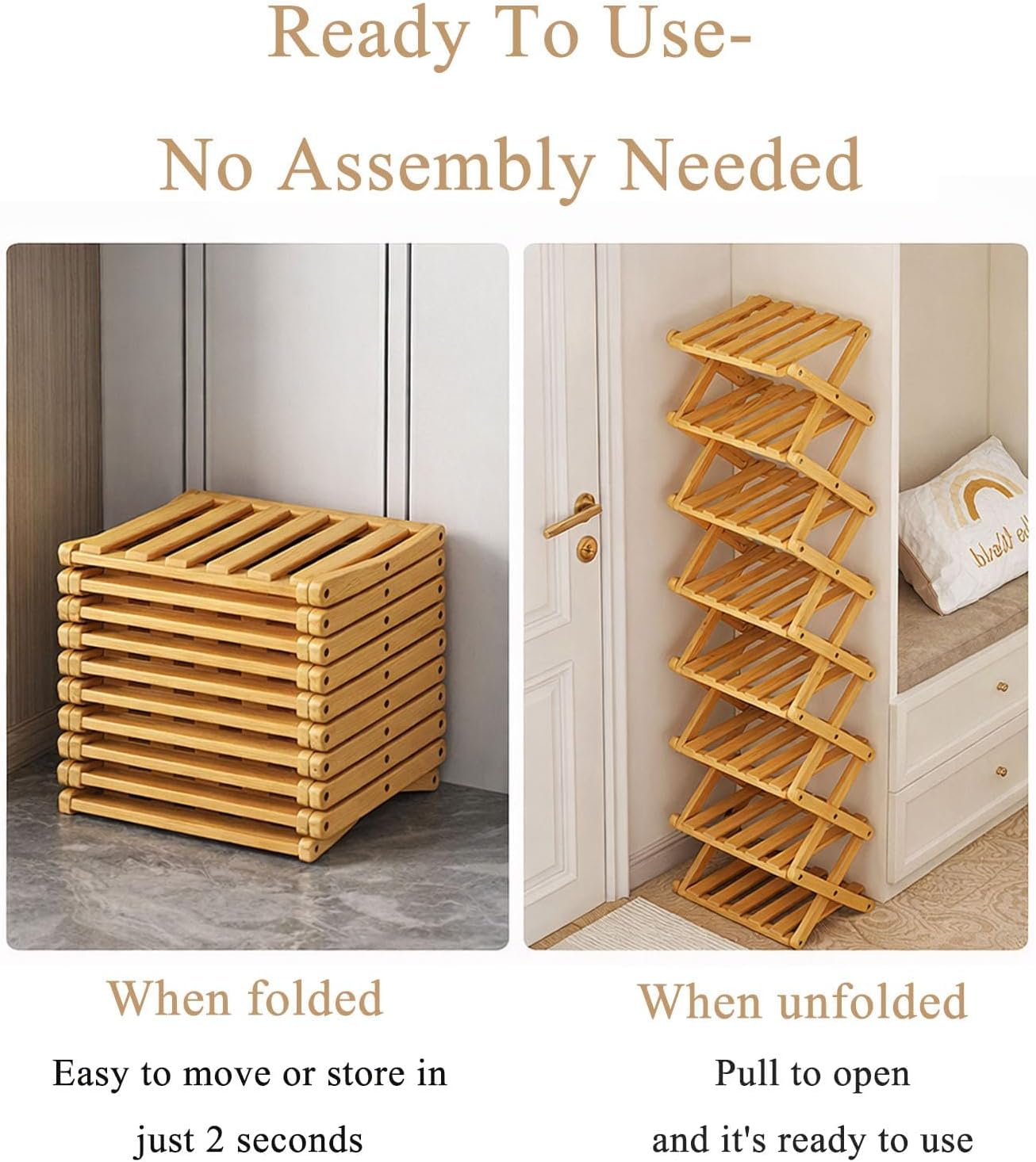 Foldable Shoe Rack, 9-Tier Bamboo Vertical Shoe Organizer, Narrow Space-Saving Shelf, No-Tools Assembly, Expandable Storage for Closet, Entryway, Corner, Bedroom (Brown, 9 Tire)