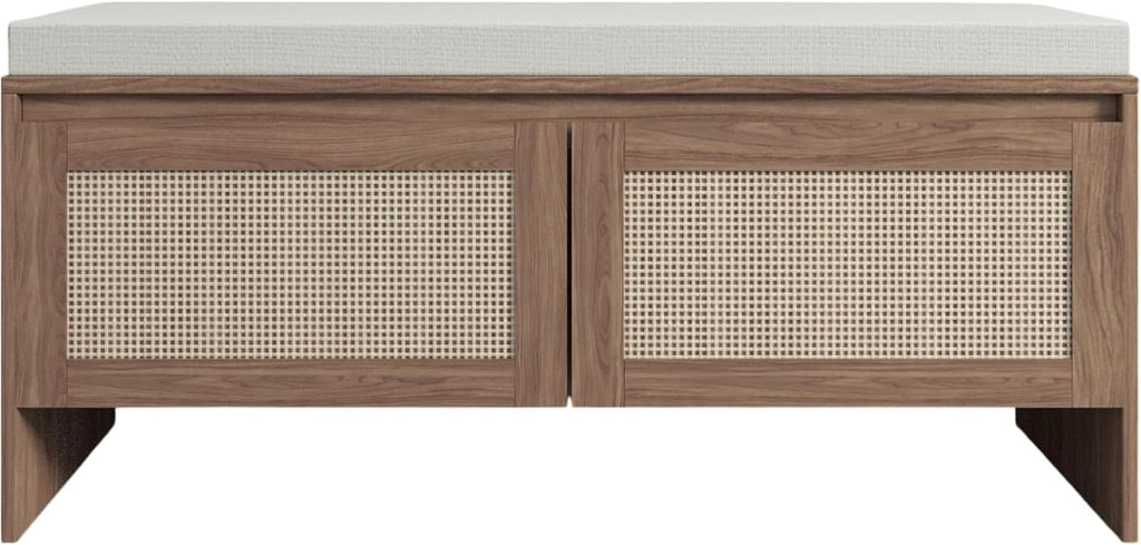 SOFTSEA 39.4" Shoe Storage Bench with Rattan Doors & Cushion, Natural | Entryway Bench with 2 Rattan Doors, Padded Seat Cushion, Mid-Century Modern Shoe Cabinet for Hallway, Bedroom, Living Room