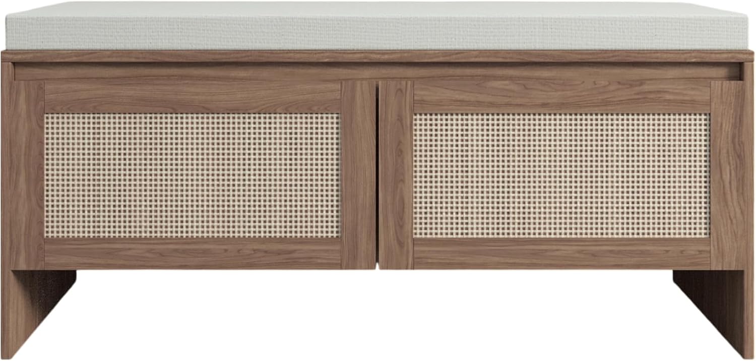 SOFTSEA 39.4" Shoe Storage Bench with Rattan Doors & Cushion, Natural | Entryway Bench with 2 Rattan Doors, Padded Seat Cushion, Mid-Century Modern Shoe Cabinet for Hallway, Bedroom, Living Room