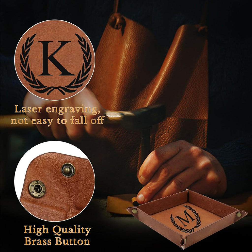 Personalized Leather Valet Tray Engraved Initials Key Tray Nightstand Organizer Valentines Day Birthday for Men Dad Husband Boyfriend (M)