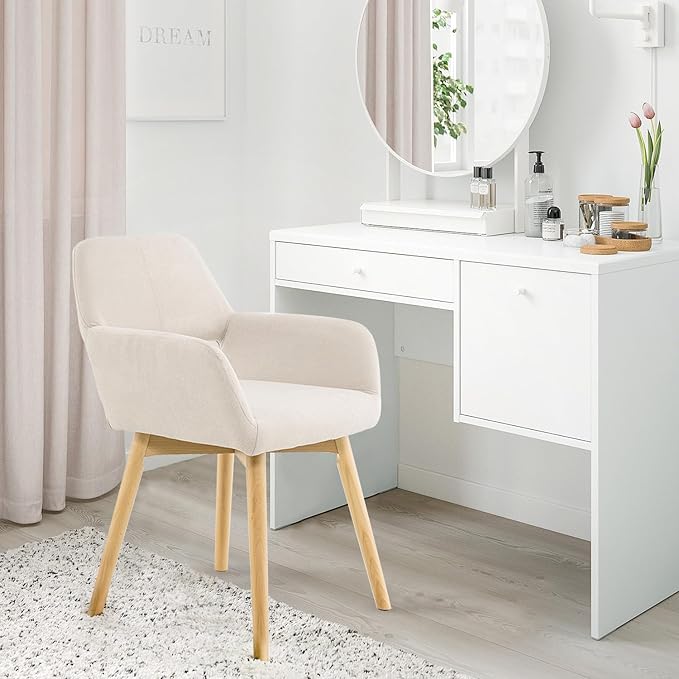Desk Chair No Wheels Vanity Chair Comfy Accent Chair for Living Dining Room Bedroom Home Office Mid Century Modern Upholstered Armchair Sofa Chair (Beige, 1)