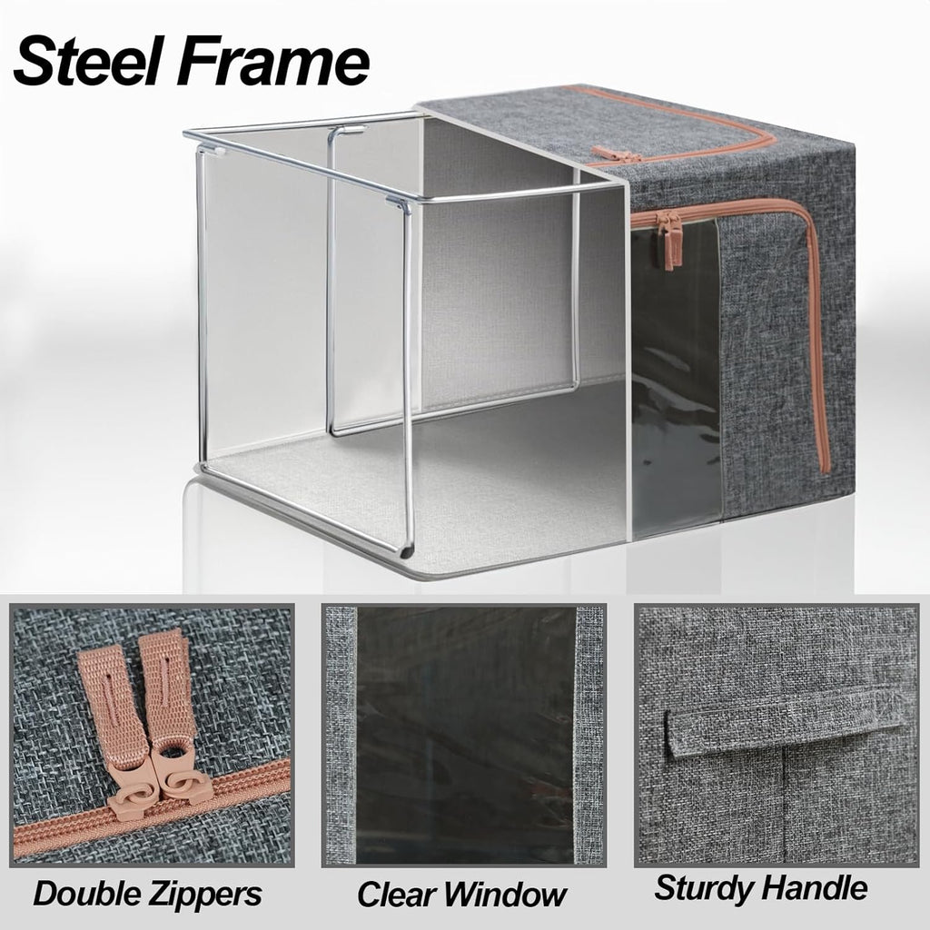 Linen Clothes Storage Bins, 4PCS Sturdy Closet Organizers and Storage Bin with Metal Frame, 2 Opening Ways Fabric Visible Lidded Storage Box for Organizing Clothing,Jeans,Sheets (4PC Gray, 60Liters)