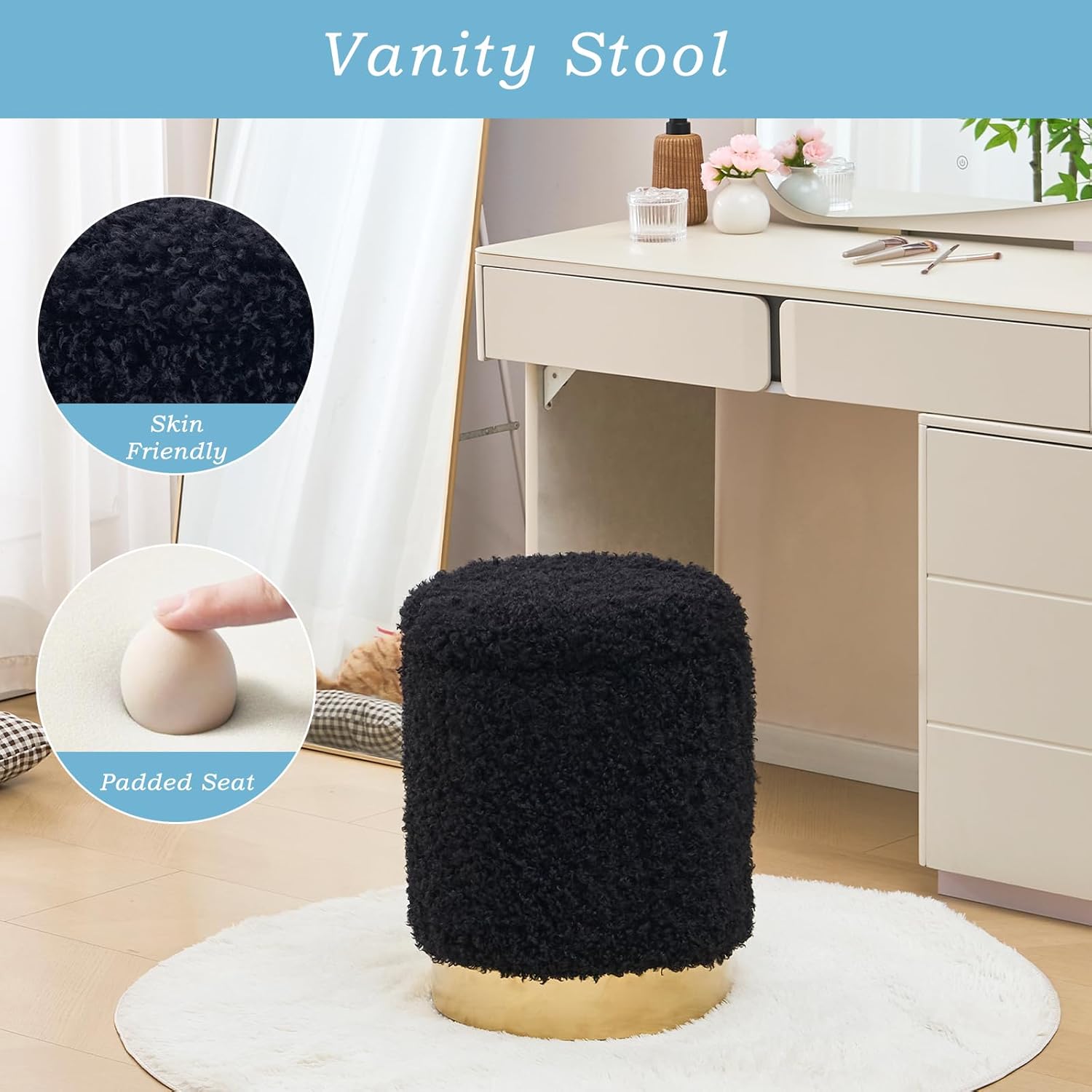 Velvet Storage Ottoman Multipurpose Footrest Stool with Metal Base Modern Round Vanity Stool Chair Ottoman Foot Stools Support 300 lbs Padded Seat for Living Room (Black-Long Wool)