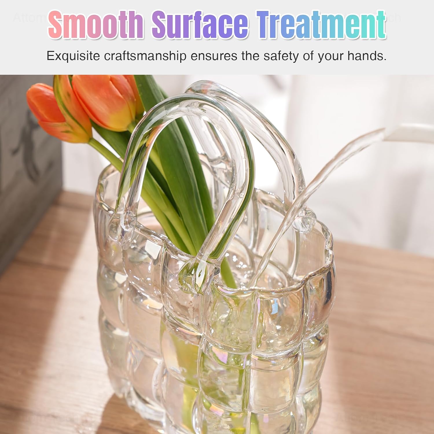 NiHome Glass Purse Vase Iridescent Glass Bag Vase with Handle Handbag Shape | Iridescent Glass Vase for Flowers Farmhouse Decor, Handmade Wide Mouth Glass Vase for Home Living Room Dining Table Décor