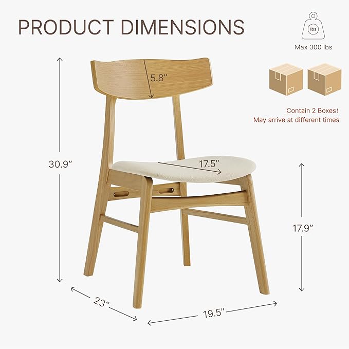 Wooden Dining Chairs Set of 4, Upholstered Modern Dining Room Chairs, Mid Century Oak Kitchen Chairs with Curved Wood Backrest for Kitchen, Restaurant, Farmhouse (Cream Fabric & Original Color)
