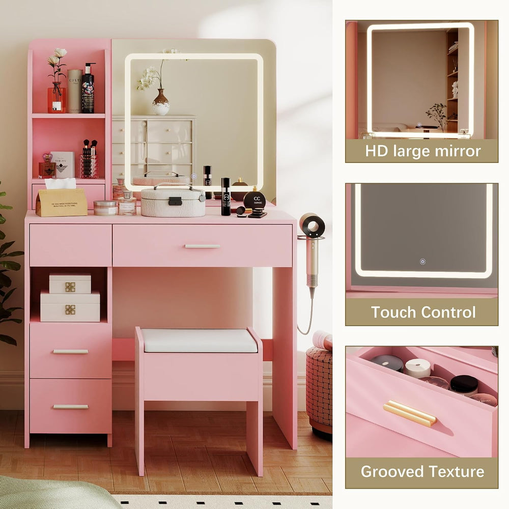 Vanity Desk with LED Mirror, Power Outlet, 5 Drawers Makeup Table | Smart LED...