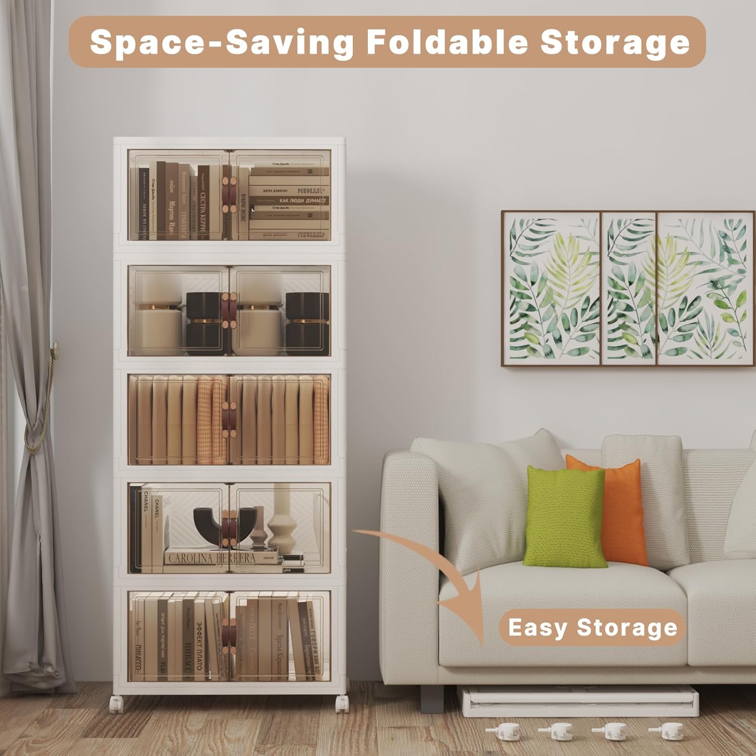 Extra Large Stackable Storage Bins with Lids & Wheels, Foldable Collapsible Closet Organizers Storage Cabinet with Doors for Bedroom Dorm (White, 275QT-55QT/14GAL*5Pack)