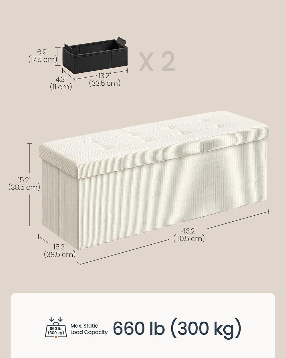 SONGMICS Home Ottoman with Storage, Removable Lid, Folding Storage Chest, Eas...
