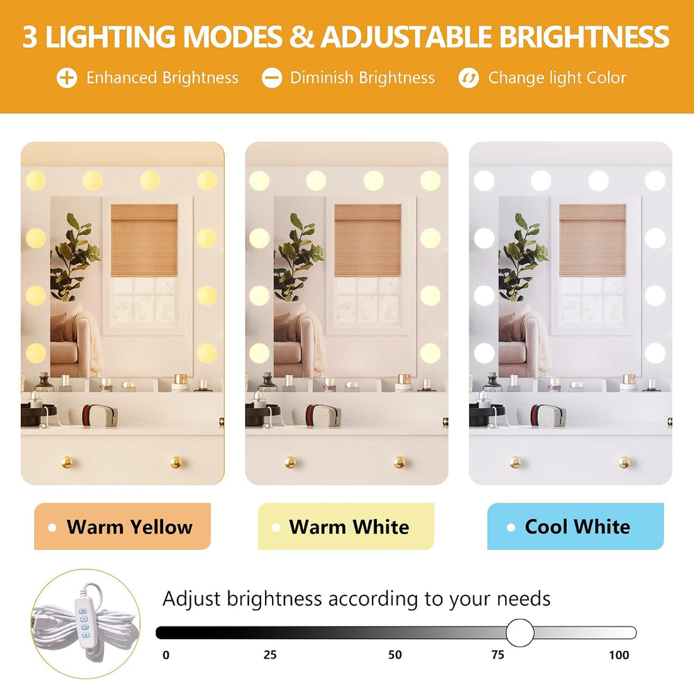 Wodeer Makeup Vanity Desk with Mirror and Lights, 43" White Vanity Set w...