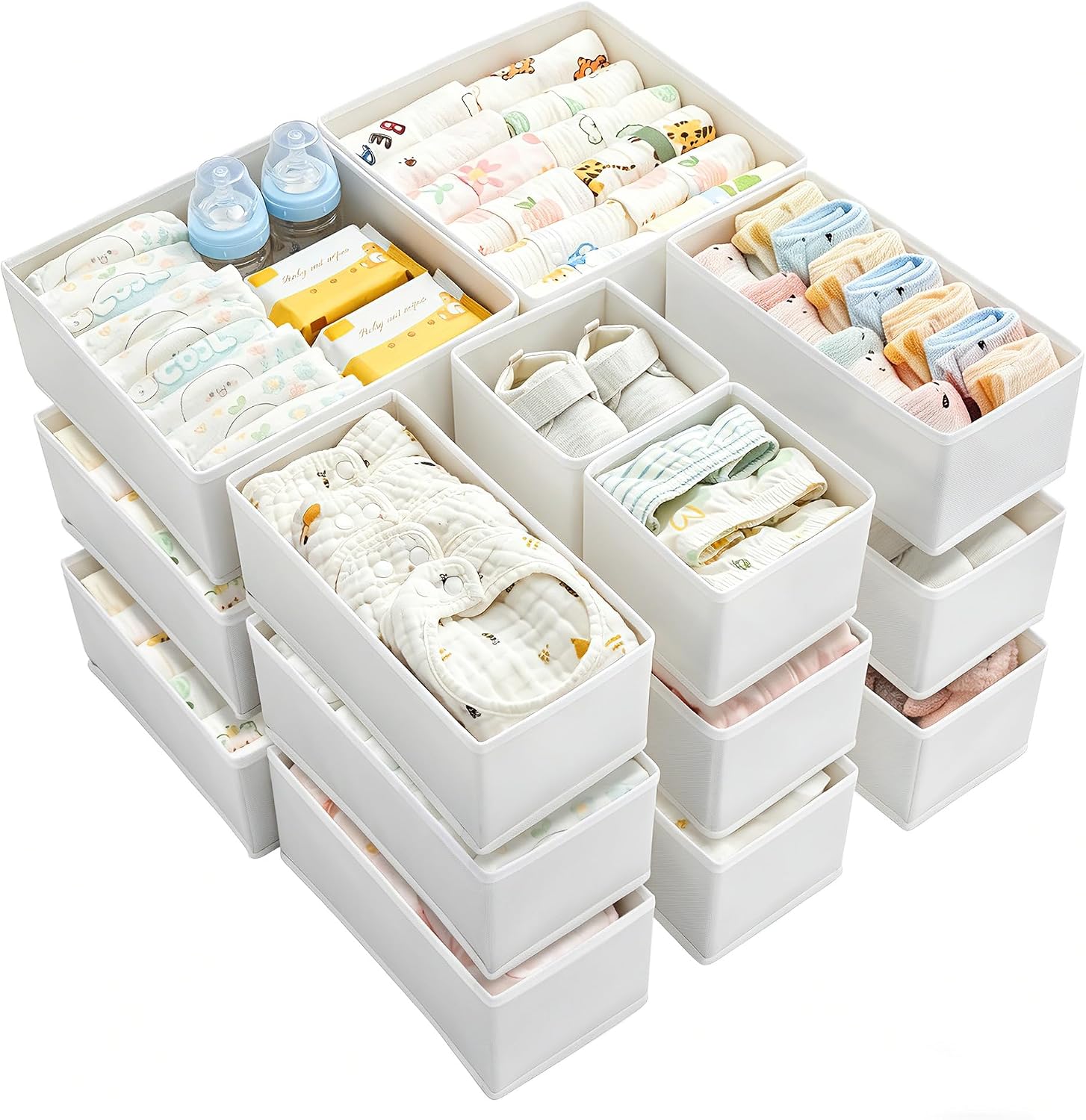 Vtopmart 18 Pack Baby Clothes Organizer, Dresser Drawer Organizer for Baby Clothing, Foldable Fabric Closet Drawer Storage Bins, Dresser Dividers for Bra, Socks, Ties, Scarf, White