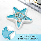 Starfish Jewelry Dish for Coastal Bathroom Decor, Ceramic Trinket Tray and Ring Holder with Glossy Blue Glaze, Beach Decor for Bedroom or Guest Room, Gift for Women