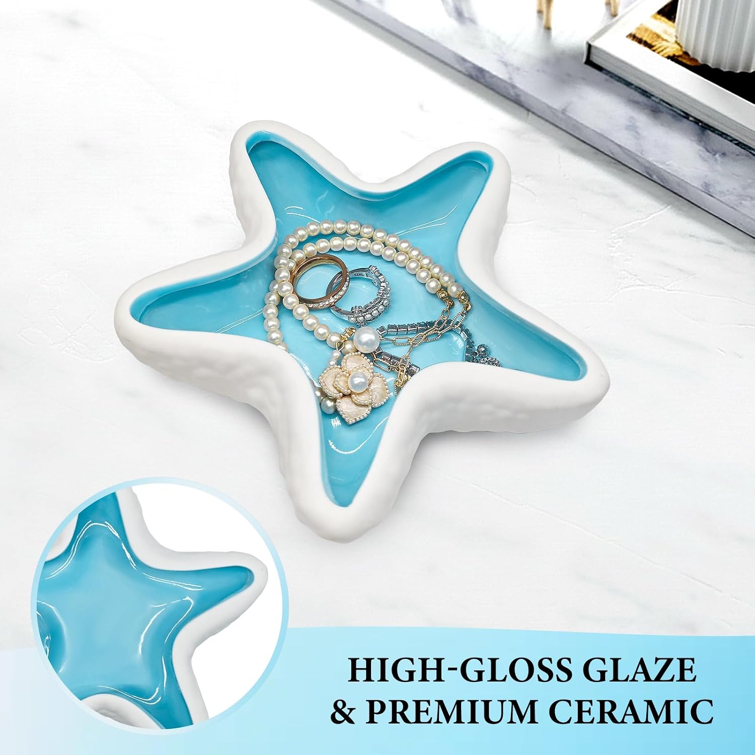 Starfish Jewelry Dish for Coastal Bathroom Decor, Ceramic Trinket Tray and Ring Holder with Glossy Blue Glaze, Beach Decor for Bedroom or Guest Room, Gift for Women