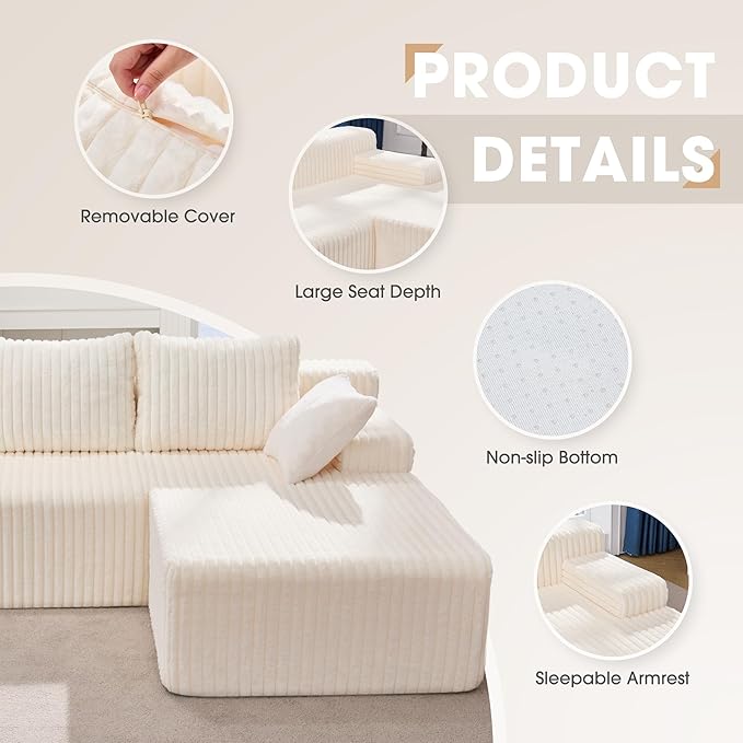 Hobestluk Modular Sectional Sofa Couches L-Shape Couch 3 Seat Modular Sofa Memory Foam Sectional Couches for Living Room, Cloud Couch with Oversized Chaise (96" Right Facing Chaise)