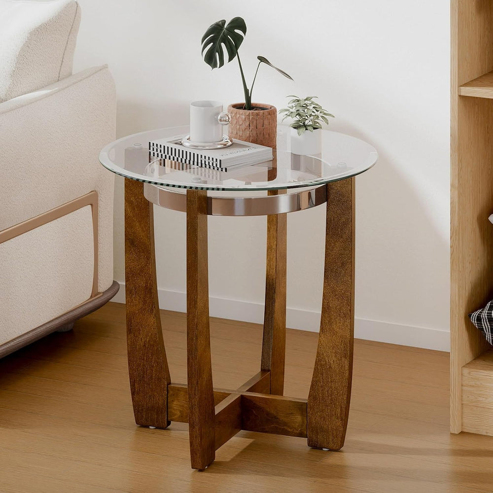 GOFLAME Glass End Table, 24” Round Sofa Side Table with Solid Rubber Wood Fra...