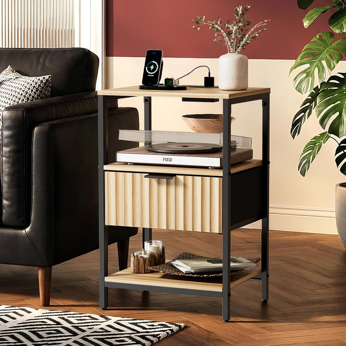 Bonnlo Fluted Nightstand Set of 2, End Table with Fabric Drawer with Charging Station, Night Stand with Storage Shelf & Hook, Fluted Side Table for Bedroom/Living Room,Oak