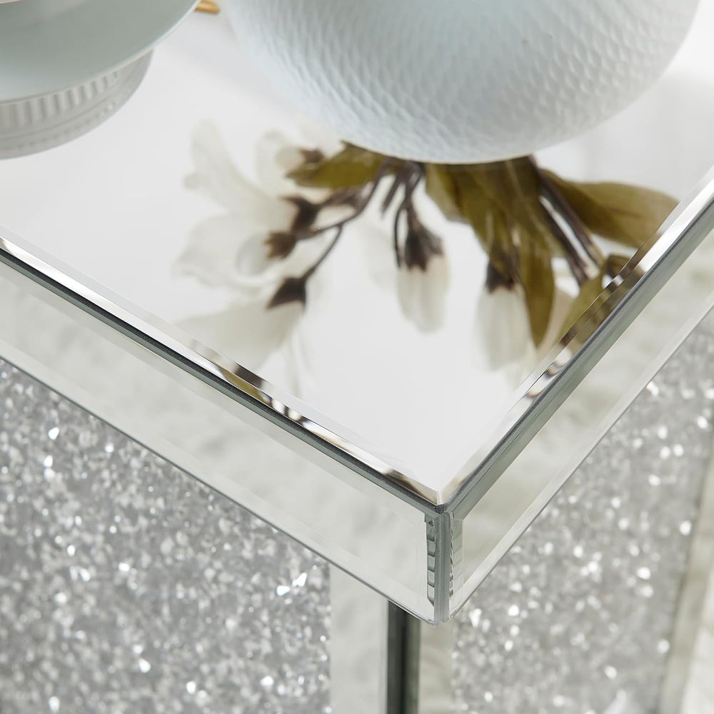 Silver Mirrored End Table with Crystal, Modern Side Accent Table, Square Smal...