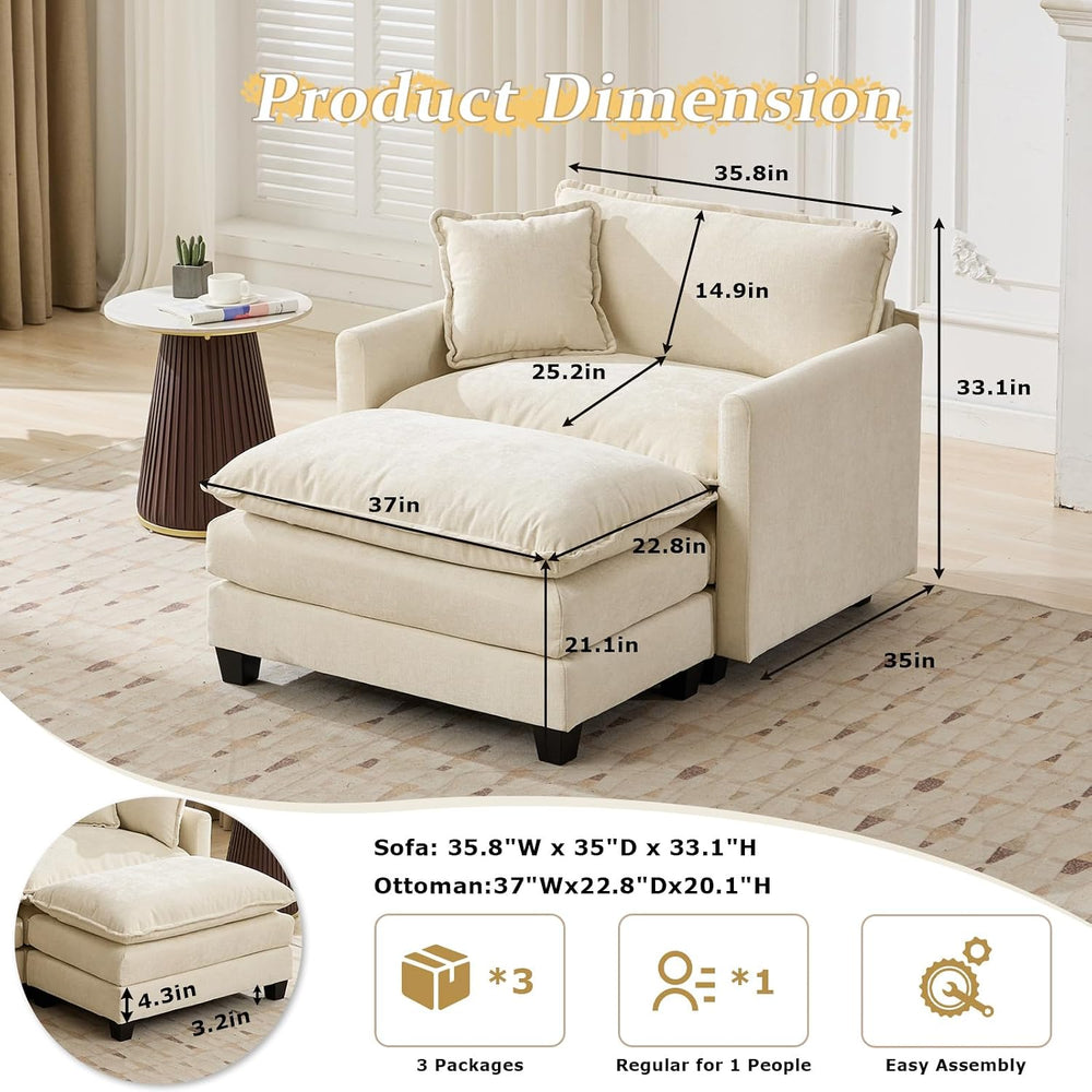 Chenille Modular Single Sofa with Ottoman, Cloud Couch with Pillow,Beige