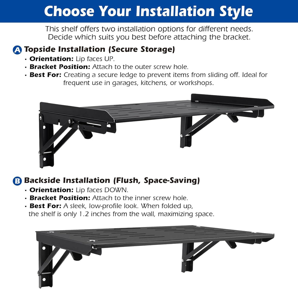 Folding Wall Mount Shelf, 16.9x11 Inch Metal Floating Shelf with Lip, Cable H...