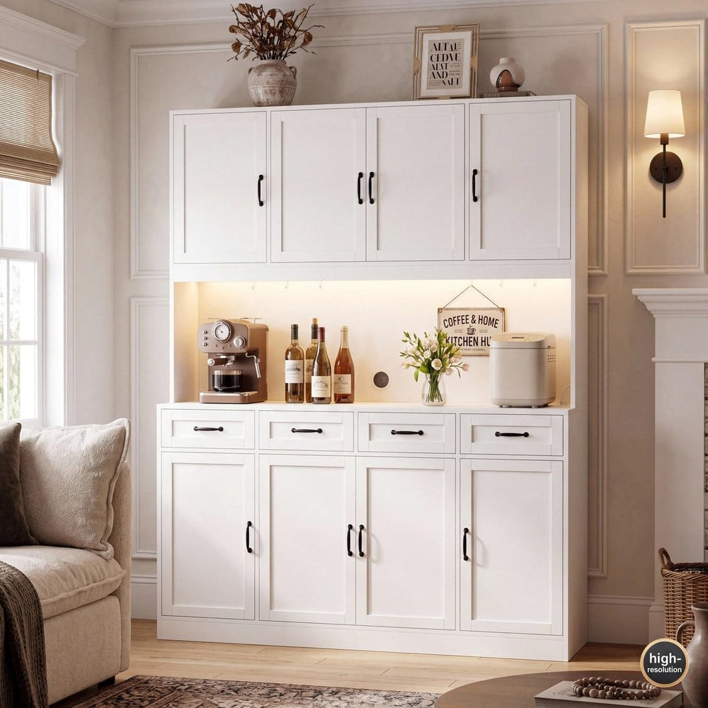 HITHOS 73" Tall Kitchen Pantry Storage Cabinet, Large Charging Hutch, Wh...