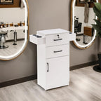 BarberPub 38"x18"x14" Locking Beauty Salon Storage Cabinet, Barber Styling Station with Nylon Hair Dryer Holder, Barber Shop Stylist Equipment with Drawers 2021 (White)