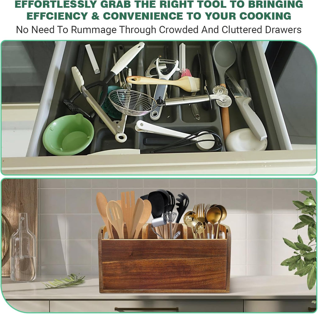 Acacia Wood Utensil Holder Kitchen Utensil Holder with 3 Compartments Cooking Spatula Organizer Large Cutlery Organizer for Kitchen Countertop Farmhouse Kitchen Decor
