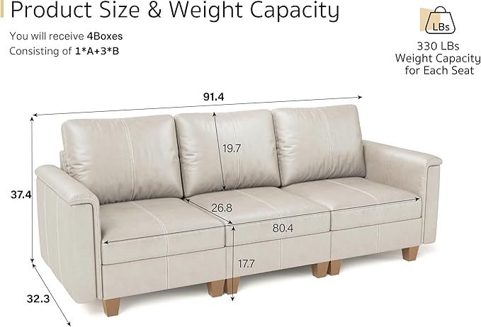 SITJOY 91" Faux Leather Modular Sectional Sofa with Storage, Mid Century Modern Sectional Couches for Living Room, Soft Padded Armrests, 3 Seater Couch, Greige