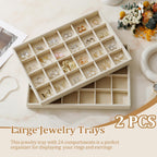 Large Velvet Jewelry Tray 2 Pack Stackable Jewelry Display Drawer Inserts Trays Organizer for Earring Bracelet Necklace Ring (Beige, 24 Grids)